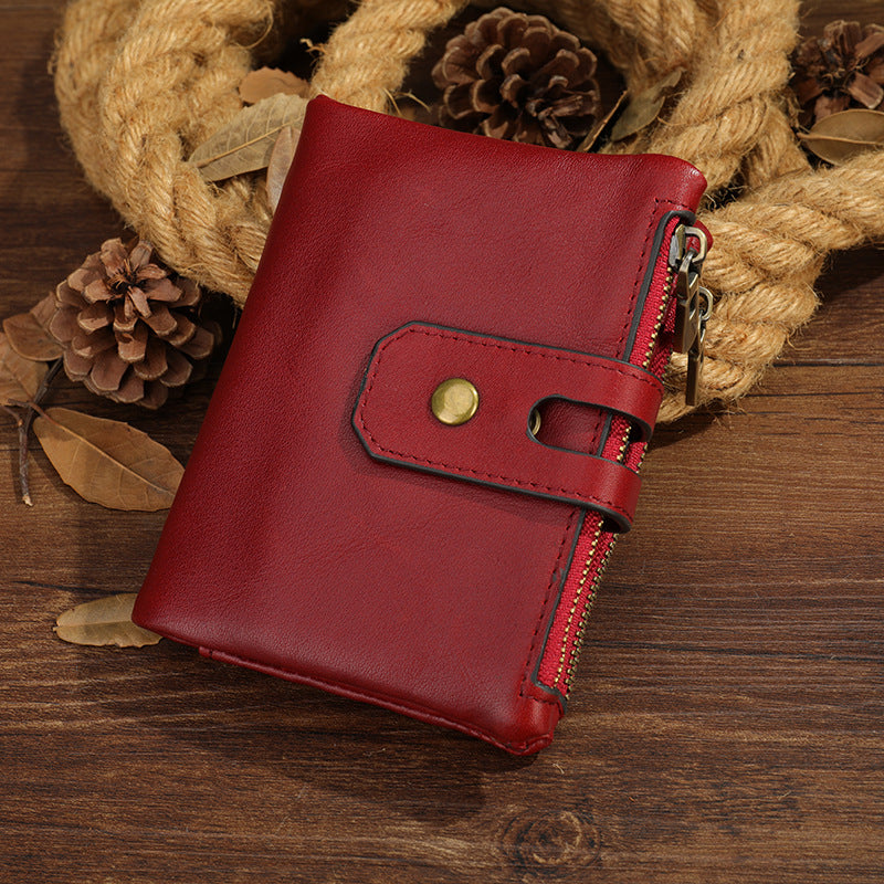 Men's short wallet, genuine cowhide leather, retro zipper, card holder, rfid anti-theft, large capacity, handbag for men 