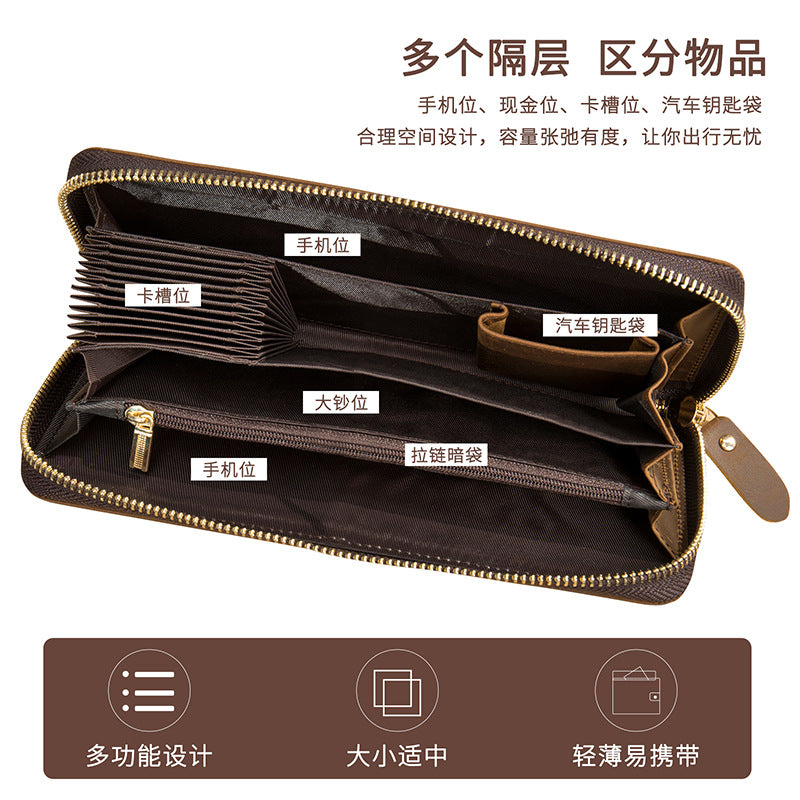 Men's long wallet Made of genuine cowhide leather Retro clutch bag Men's wallet 