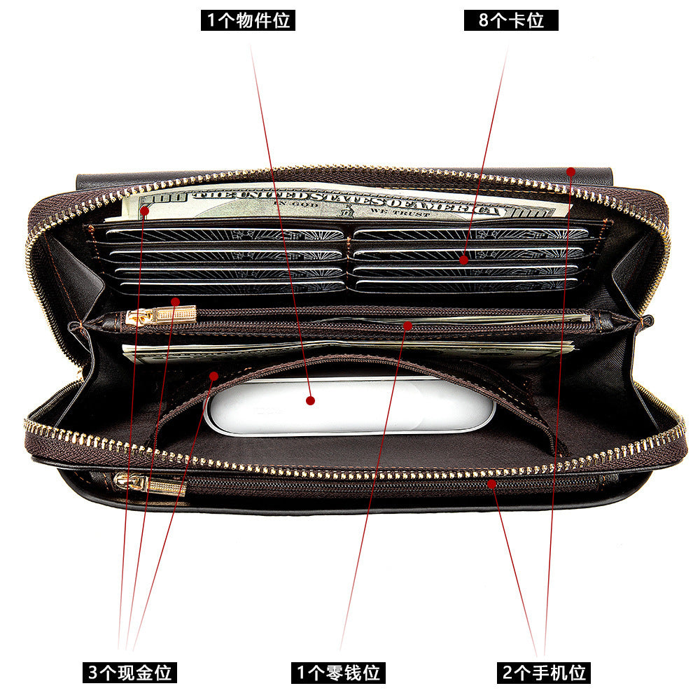 メンズ長財布 カード入れ RFID盗難防止ブラシ 牛皮 本革製 ファスナー男性用ウォレット
