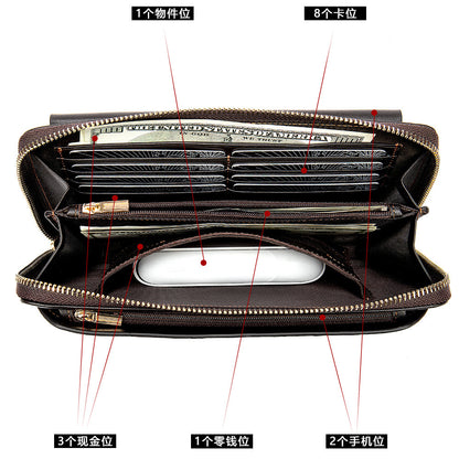 メンズ長財布 カード入れ RFID盗難防止ブラシ 牛皮 本革製 ファスナー男性用ウォレット