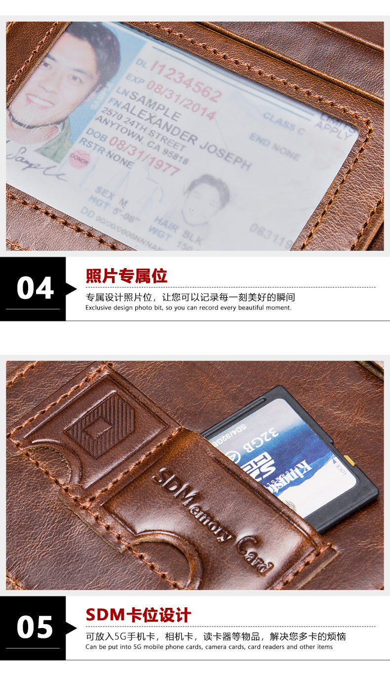 Men's Wallet Made of Genuine Cow Leather Retro Unique Fashion Card Holder Earphone Code Card Pocket 