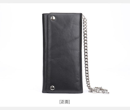 Men's Long Wallet, Cowhide, Genuine Leather, Retro Chain, Multi-Card Holder, Anti-Theft Wallet, Men's Wallet Wrist Bag 