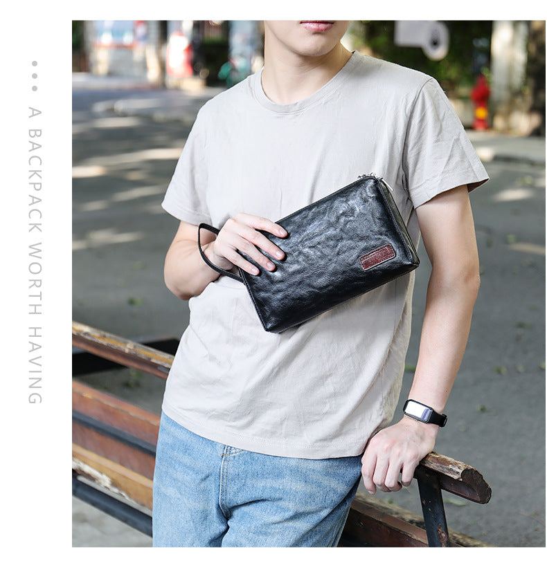 Men's Clutch Bag Genuine Cowhide Leather Quality Fashion Men's Wrist Bag Handbag