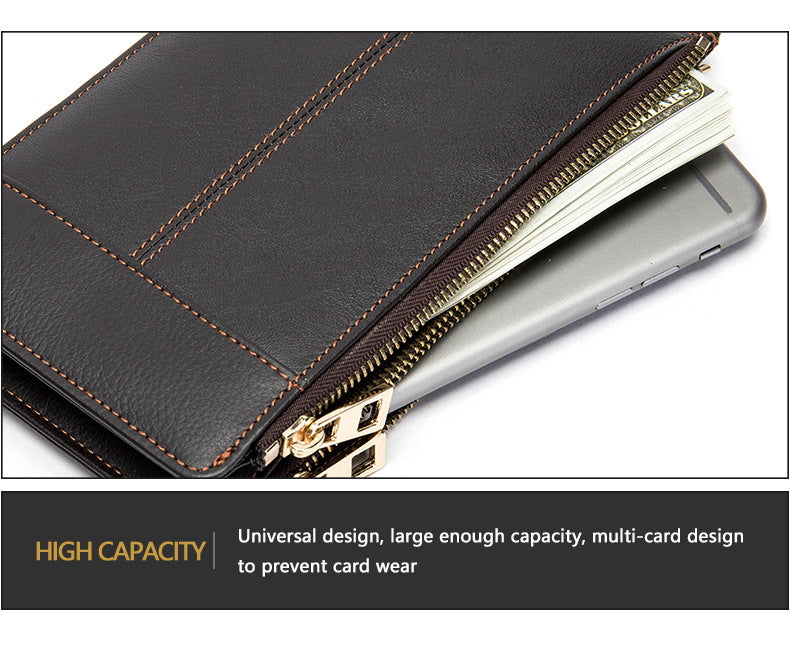 Men's long wallet made of genuine cowhide leather large capacity clutch bag Korean fashion unique zipper men's wallet 