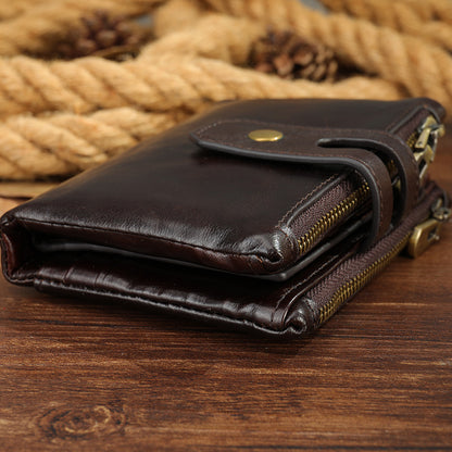 Men's short wallet, genuine cowhide leather, retro zipper, card holder, rfid anti-theft, large capacity, handbag for men 