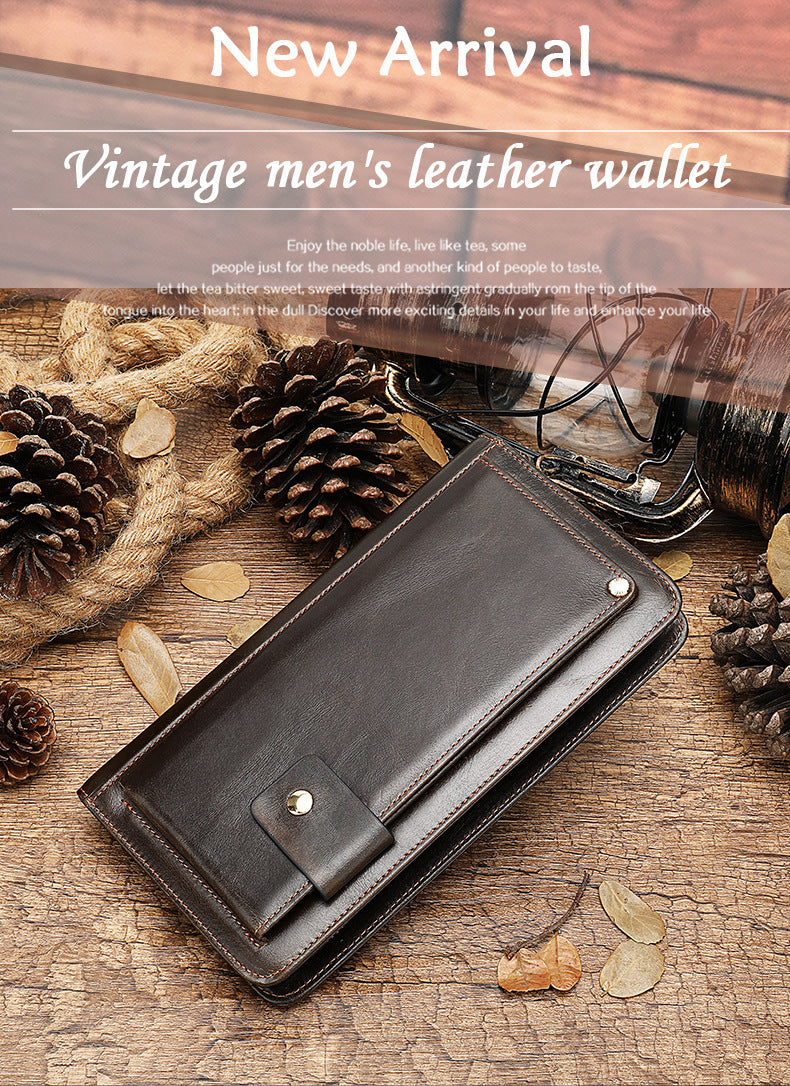 Men's long wallet cowhide clutch bag business casual fashion retro card holder men's wallet 