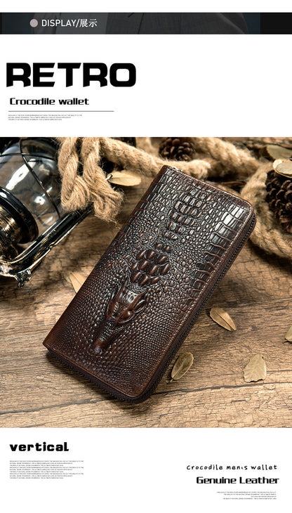 Men's Long Wallet Retro Crocodile Crest Cow Leather Card Holder Anti-Theft Brush RFID Men's Clutch Bag 