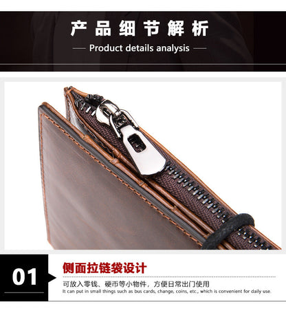 Men's Wallet Made of Genuine Cow Leather Retro Unique Fashion Card Holder Earphone Code Card Pocket 