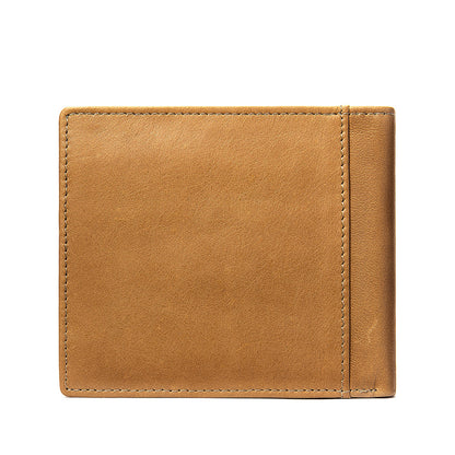 Men's short wallet genuine cowhide leather retro bi-fold card holder RFID anti-magnetic card bag 