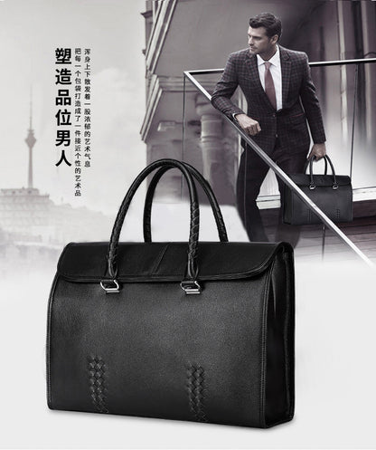 Men's Handbag Genuine Leather Cowhide Fashion Business Large Capacity Business Briefcase Computer Bag Hand-knitted Men's Handbag 