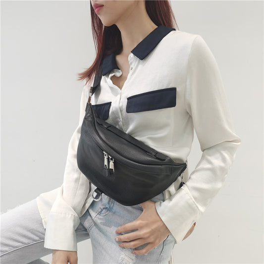 Cowhide nylon body bag fashionable simple shoulder bag zipper chain bag