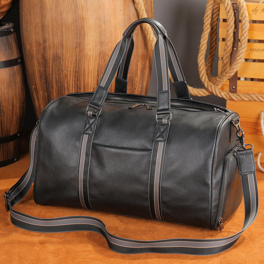 Men's Fitness Bag Genuine Cowhide Leather Dry/Wet Separate Short-distance Luggage Bag Men's Travel Bag Shoulder Bag 