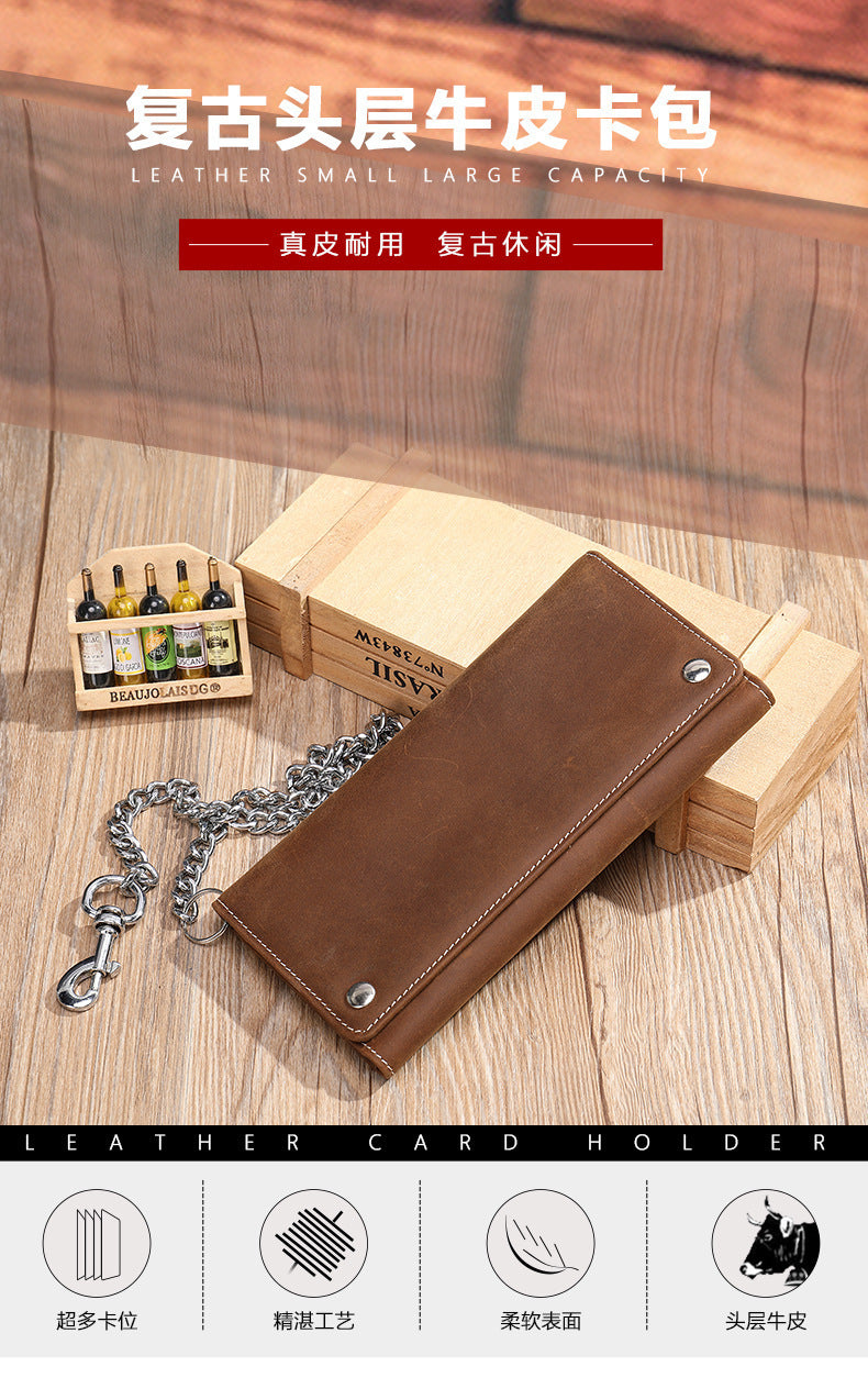 Men's Long Wallet, Cowhide, Genuine Leather, Retro Chain, Multi-Card Holder, Anti-Theft Wallet, Men's Wallet Wrist Bag 