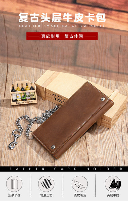 Men's Long Wallet, Cowhide, Genuine Leather, Retro Chain, Multi-Card Holder, Anti-Theft Wallet, Men's Wallet Wrist Bag 