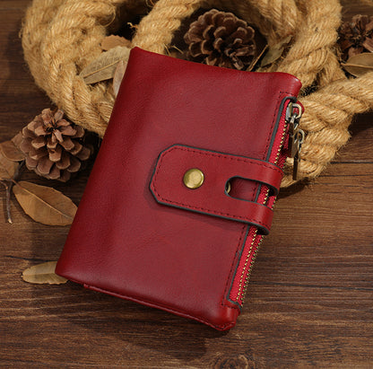 Men's short wallet, genuine cowhide leather, retro zipper, card holder, rfid anti-theft, large capacity, handbag for men 