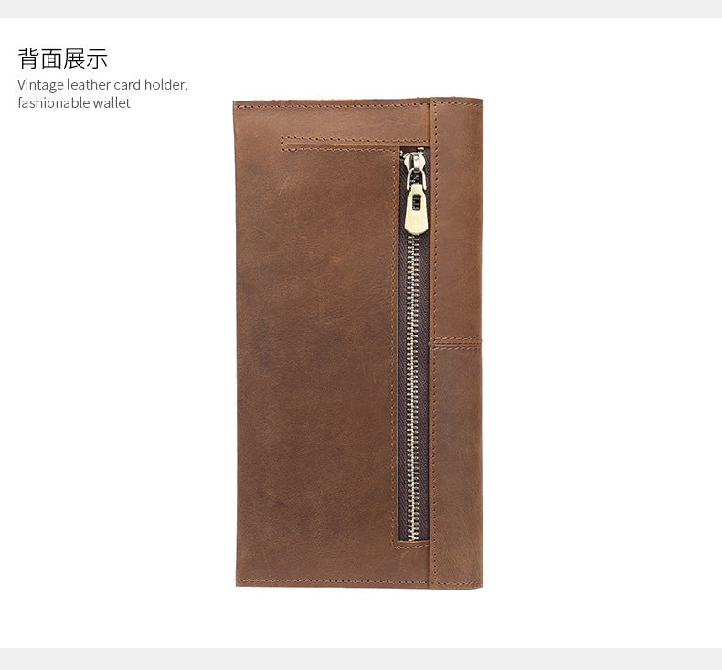 Men's long wallet, genuine cowhide leather, zipper, thin business card holder, wallet for men 