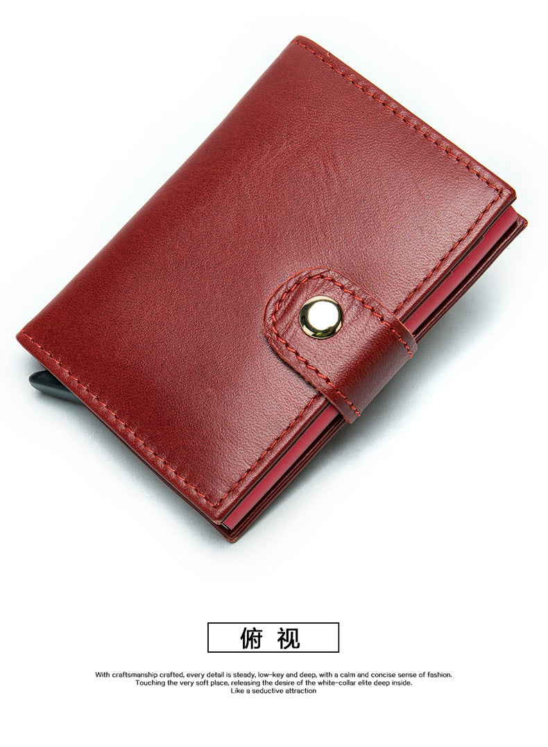 Men's wallet cowhide genuine leather aluminum alloy automatic pop-up RFID anti-theft brush personality business card holder card bag for men 