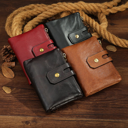 Men's short wallet, genuine cowhide leather, retro zipper, card holder, rfid anti-theft, large capacity, handbag for men 