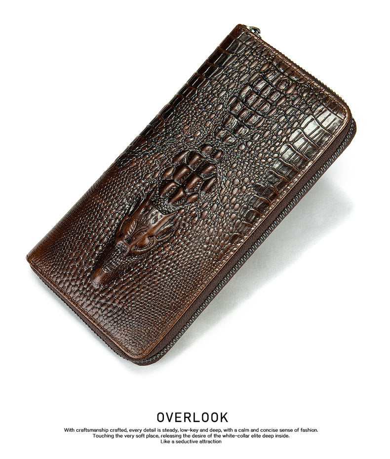 Men's Long Wallet Retro Crocodile Crest Cow Leather Card Holder Anti-Theft Brush RFID Men's Clutch Bag 