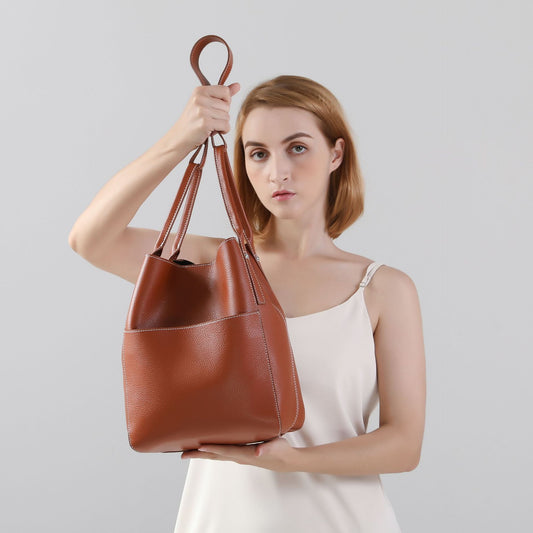 Cowhide fashion shoulder bag diagonal shoulder bag armpit genuine leather bag big bucket women bag