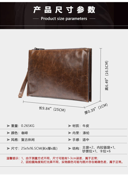 Men's Clutch Bag Genuine Cowhide Leather Handbag Business Vintage Men's Wrist Bag 