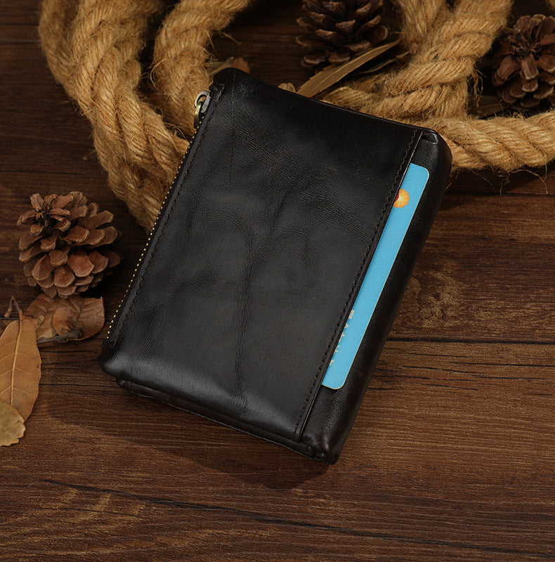 Men's short wallet, genuine cowhide leather, retro zipper, card holder, rfid anti-theft, large capacity, handbag for men 