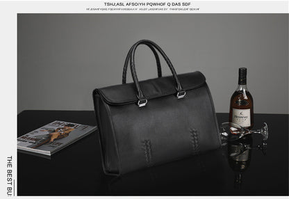 Men's Handbag Genuine Leather Cowhide Fashion Business Large Capacity Business Briefcase Computer Bag Hand-knitted Men's Handbag 