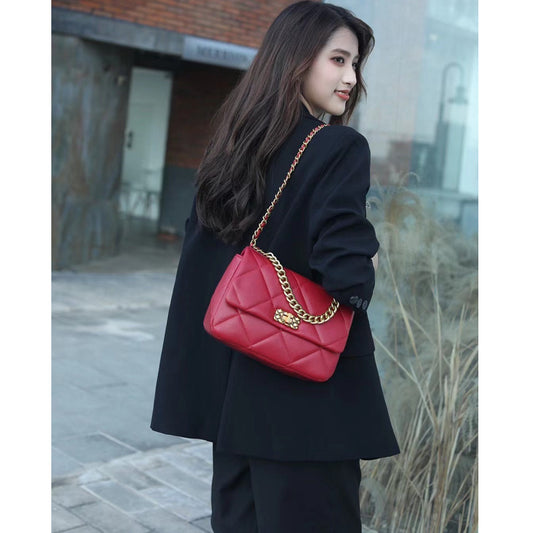 Ladies Genuine Leather Shoulder Bag Chain Bag Wandering Bag Check Crossbody Bag Fashion Trend