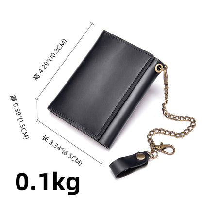 Men's short wallet made of genuine cowhide leather, retro chain, multi-functional, tri-fold, anti-theft, wallet for men 