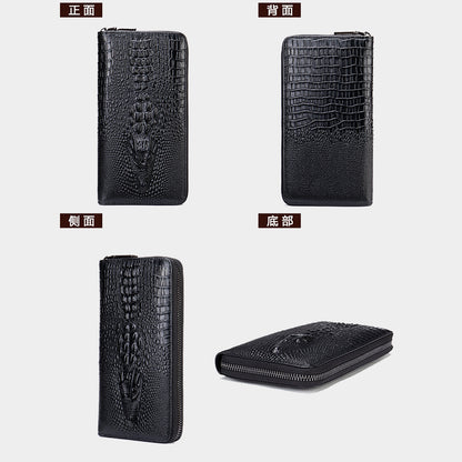 Men's Long Wallet Retro Crocodile Crest Cow Leather Card Holder Anti-Theft Brush RFID Men's Clutch Bag 