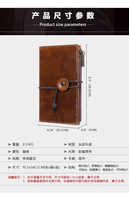 Men's Wallet Made of Genuine Cow Leather Retro Unique Fashion Card Holder Earphone Code Card Pocket 