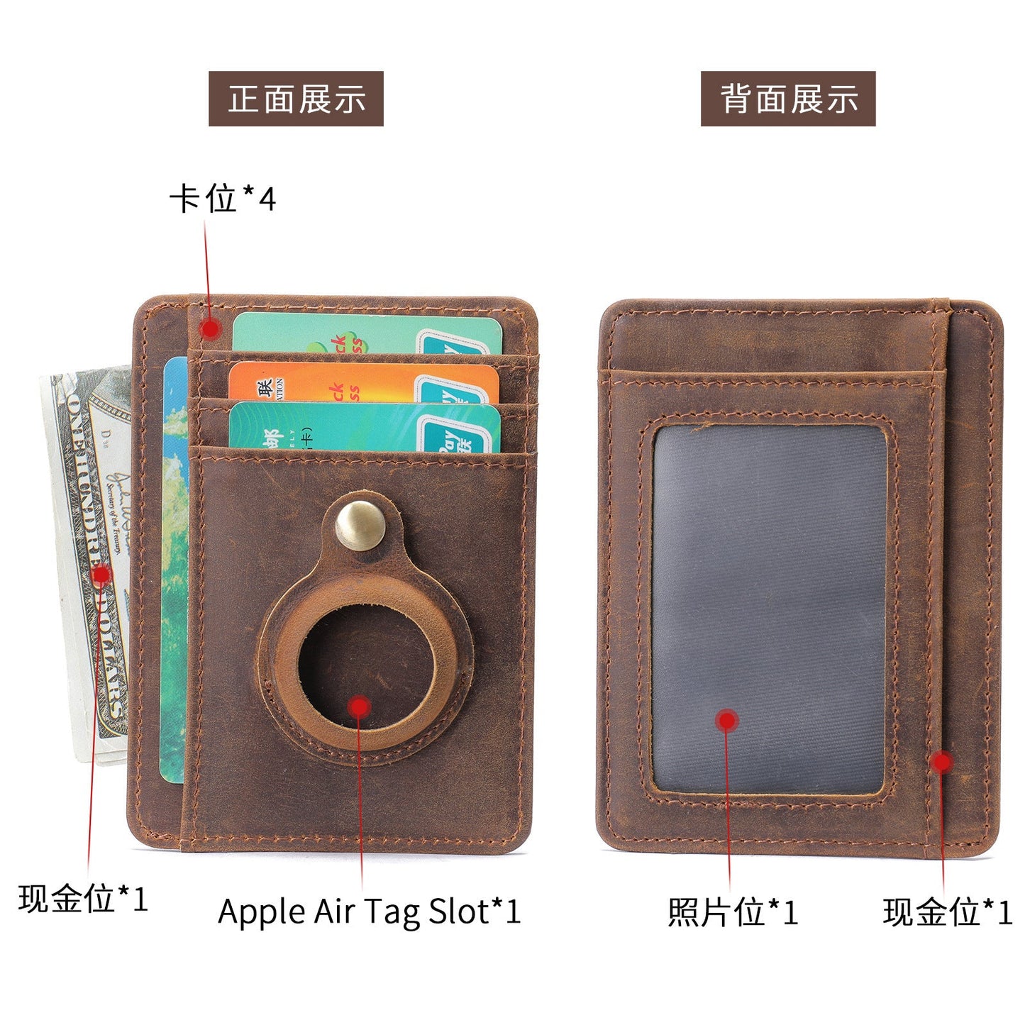 Men's Wallet Cow Leather Airtag Tracker Card Bag Anti-Theft RFID Retro Men's Wallet 