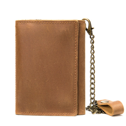 Men's short wallet made of genuine cowhide leather, retro chain, multi-functional, tri-fold, anti-theft, wallet for men 