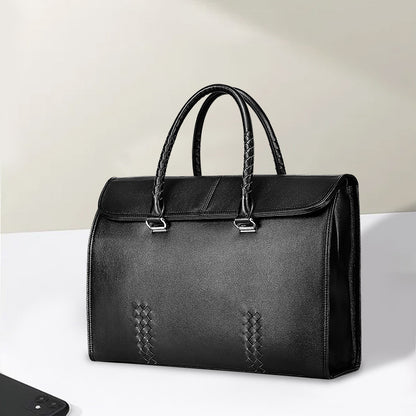 Men's Handbag Genuine Leather Cowhide Fashion Business Large Capacity Business Briefcase Computer Bag Hand-knitted Men's Handbag 