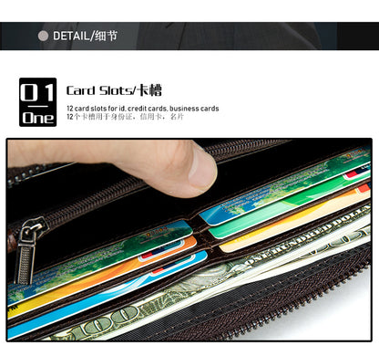 Men's Long Wallet Retro Crocodile Crest Cow Leather Card Holder Anti-Theft Brush RFID Men's Clutch Bag 