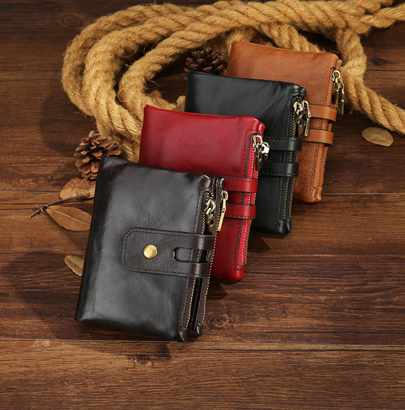 Men's short wallet, genuine cowhide leather, retro zipper, card holder, rfid anti-theft, large capacity, handbag for men 