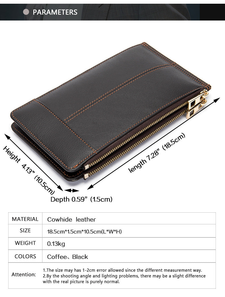 Men's long wallet made of genuine cowhide leather large capacity clutch bag Korean fashion unique zipper men's wallet 