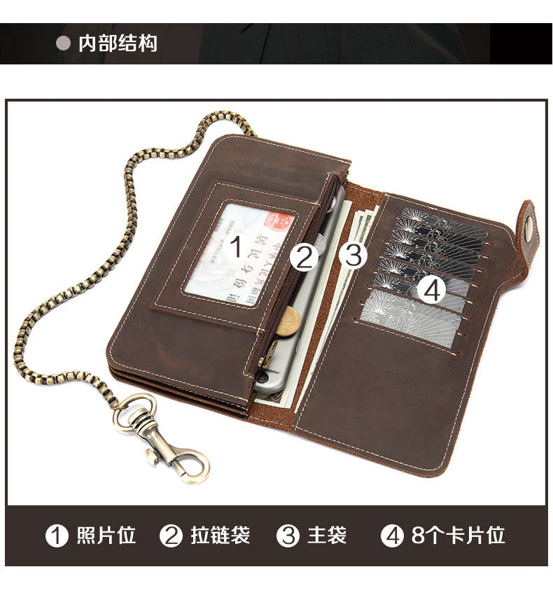 Men's long wallet cowhide genuine leather chain anti-theft clutch bag men's wallet 