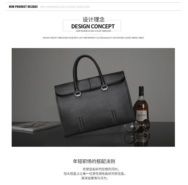 Men's Handbag Genuine Leather Cowhide Fashion Business Large Capacity Business Briefcase Computer Bag Hand-knitted Men's Handbag 