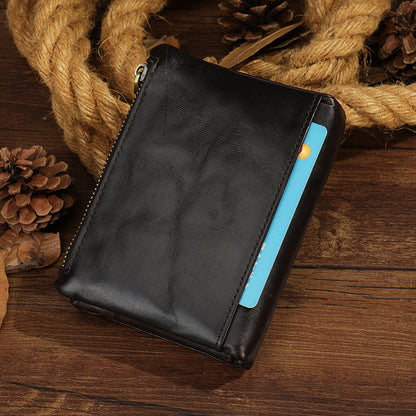 Men's short wallet, genuine cowhide leather, retro zipper, card holder, rfid anti-theft, large capacity, handbag for men 