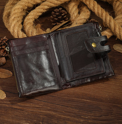 Men's short wallet, genuine cowhide leather, retro zipper, card holder, rfid anti-theft, large capacity, handbag for men 