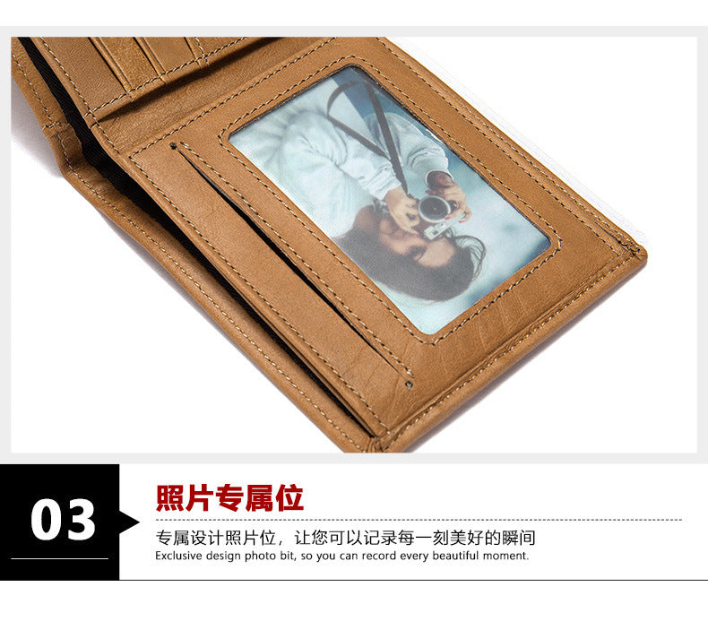 Men's short wallet genuine cowhide leather retro bi-fold card holder RFID anti-magnetic card bag 