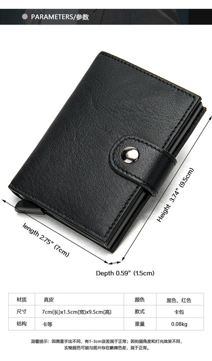 Men's wallet cowhide genuine leather aluminum alloy automatic pop-up RFID anti-theft brush personality business card holder card bag for men 