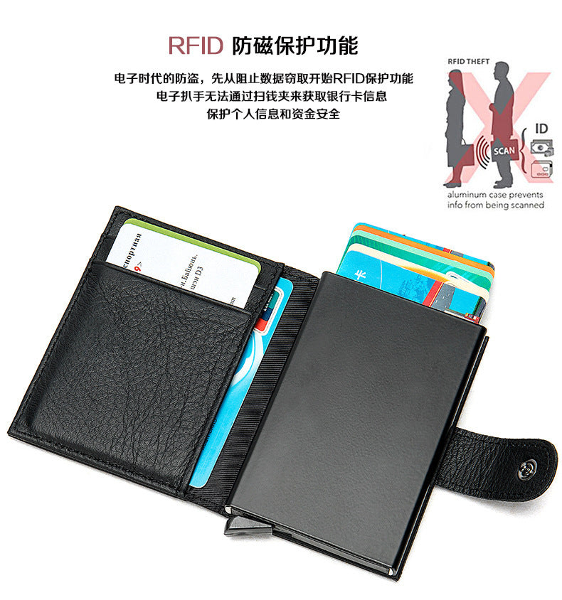 Men's wallet cowhide genuine leather aluminum alloy automatic pop-up RFID anti-theft brush personality business card holder card bag for men 