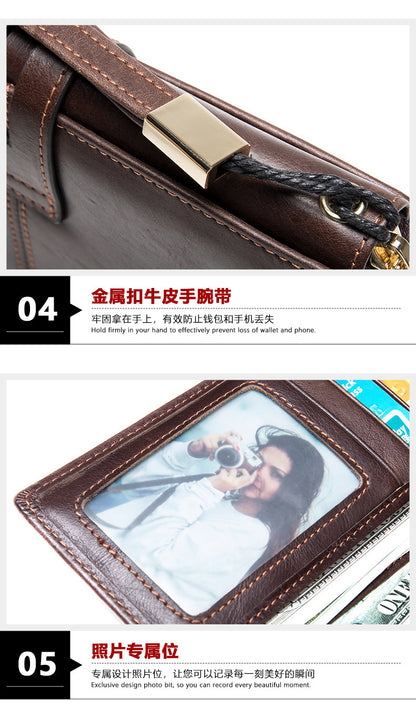 Men's long wallet, large capacity wallet, genuine cowhide leather, zipper clutch bag, handbag for men 