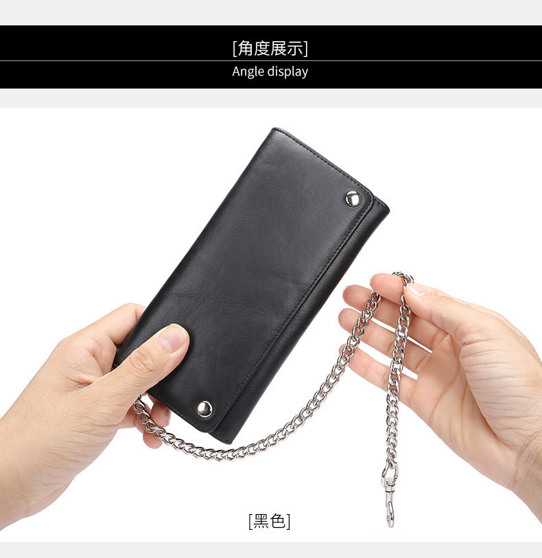 Men's Long Wallet, Cowhide, Genuine Leather, Retro Chain, Multi-Card Holder, Anti-Theft Wallet, Men's Wallet Wrist Bag 