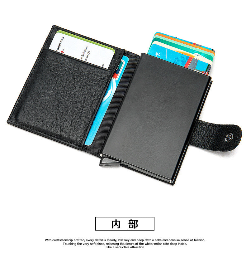 Men's wallet cowhide genuine leather aluminum alloy automatic pop-up RFID anti-theft brush personality business card holder card bag for men 