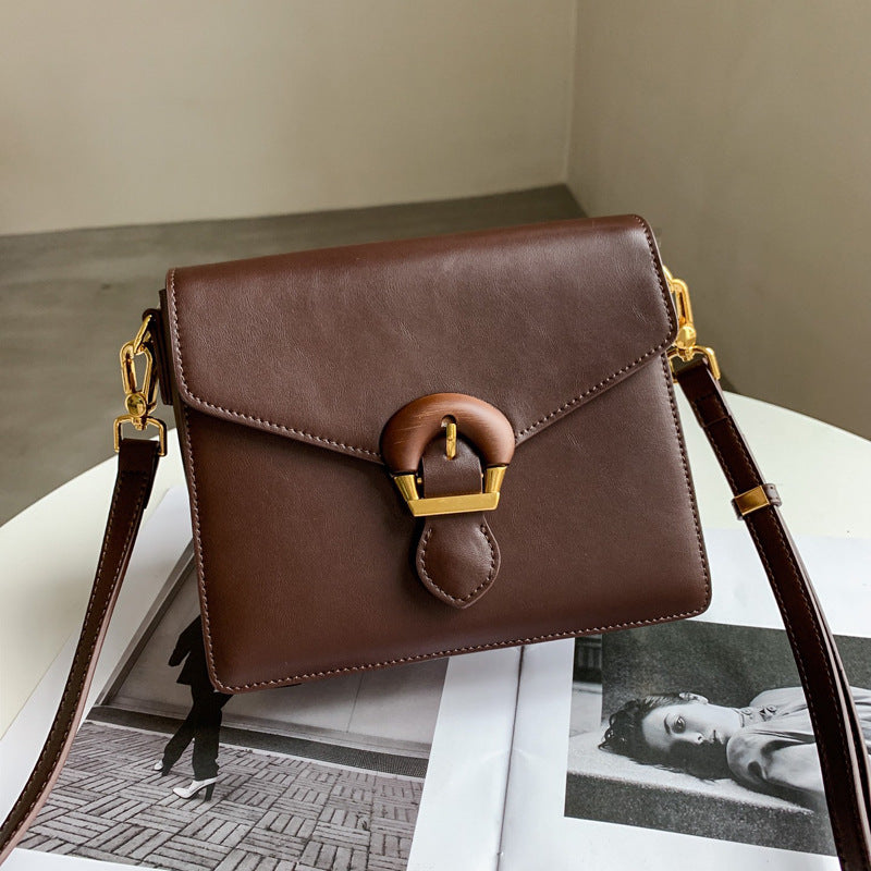 Casual textured genuine leather ladies square bag lock single shoulder crossbody ladies bag