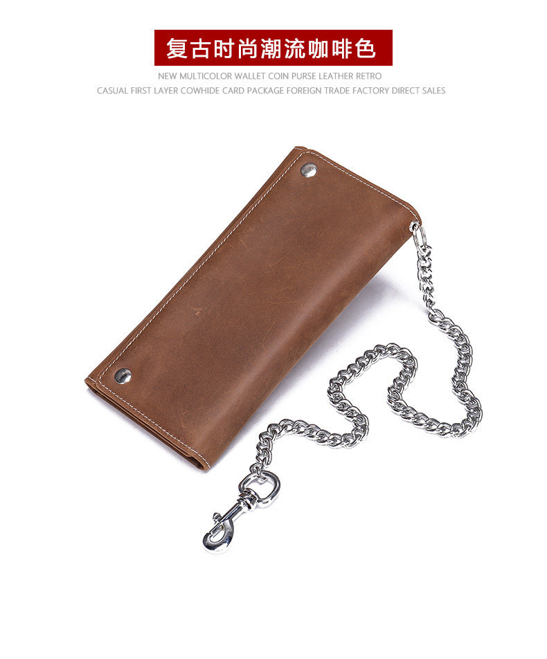 Men's Long Wallet, Cowhide, Genuine Leather, Retro Chain, Multi-Card Holder, Anti-Theft Wallet, Men's Wallet Wrist Bag 