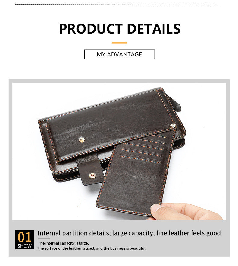 Men's long wallet cowhide clutch bag business casual fashion retro card holder men's wallet 